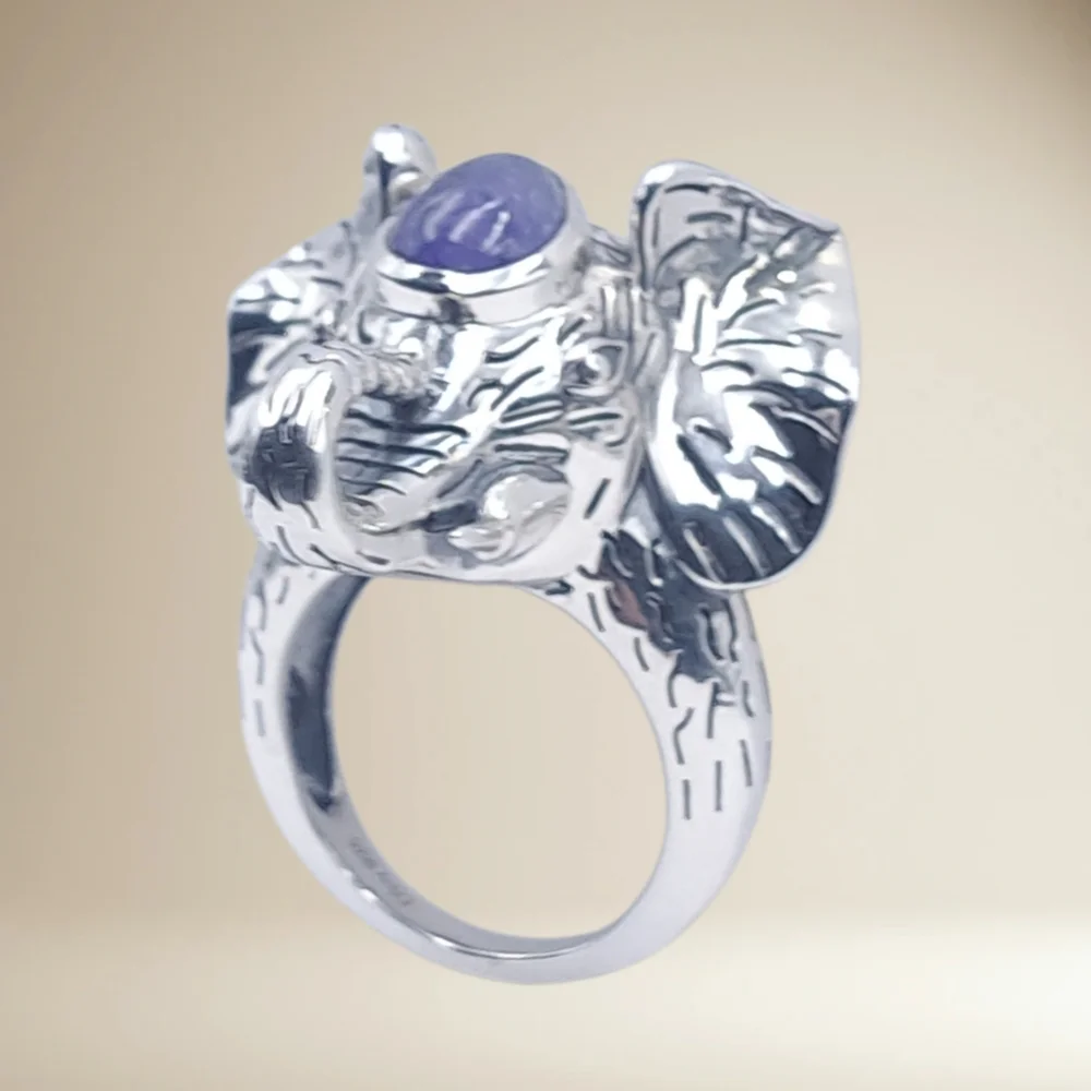 D’Joy Sterling Silver Elephant Ring w/ Natural Tanzanite. Artisan Statement Sz 7